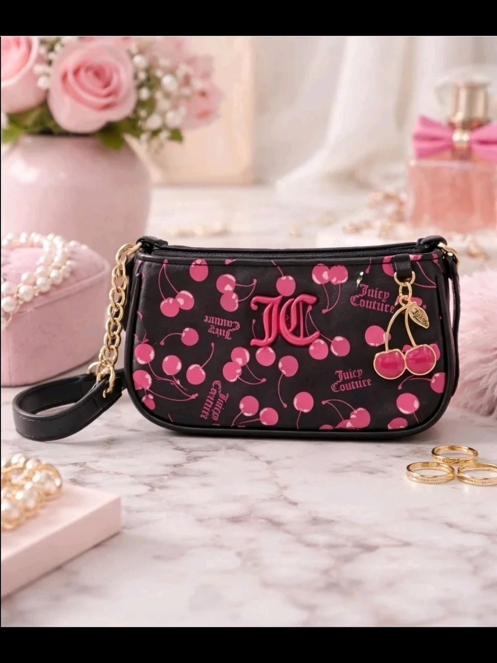 Juicy Couture Black & Pink Cherry Print Wristlet Bag NWT